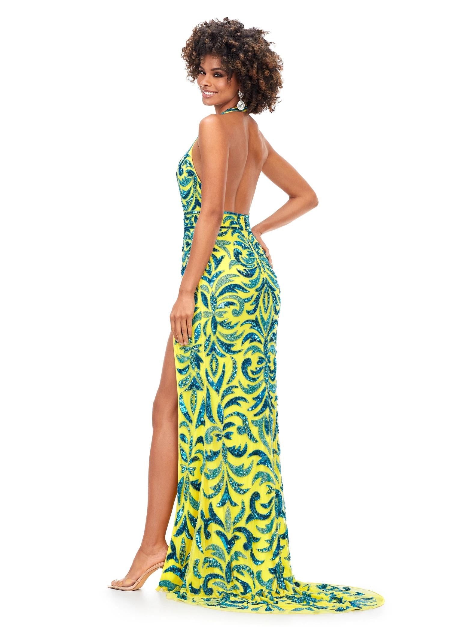 Back - Turquoise/Yellow ASHLEYlauren 11283 halter gown featuring a V-neckline, open back, intricate beading throughout, and a left leg slit.