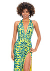 Turquoise/Yellow ASHLEYlauren 11283 halter gown featuring a V-neckline, open back, intricate beading throughout, and a left leg slit.