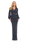 Twilight ASHLEYlauren 11193 Ultra Chic Fully Sequin Gown with Ornate Beading, V-Neckline, Bishop Sleeves, High Zip Back, and Center Back Vent Slit