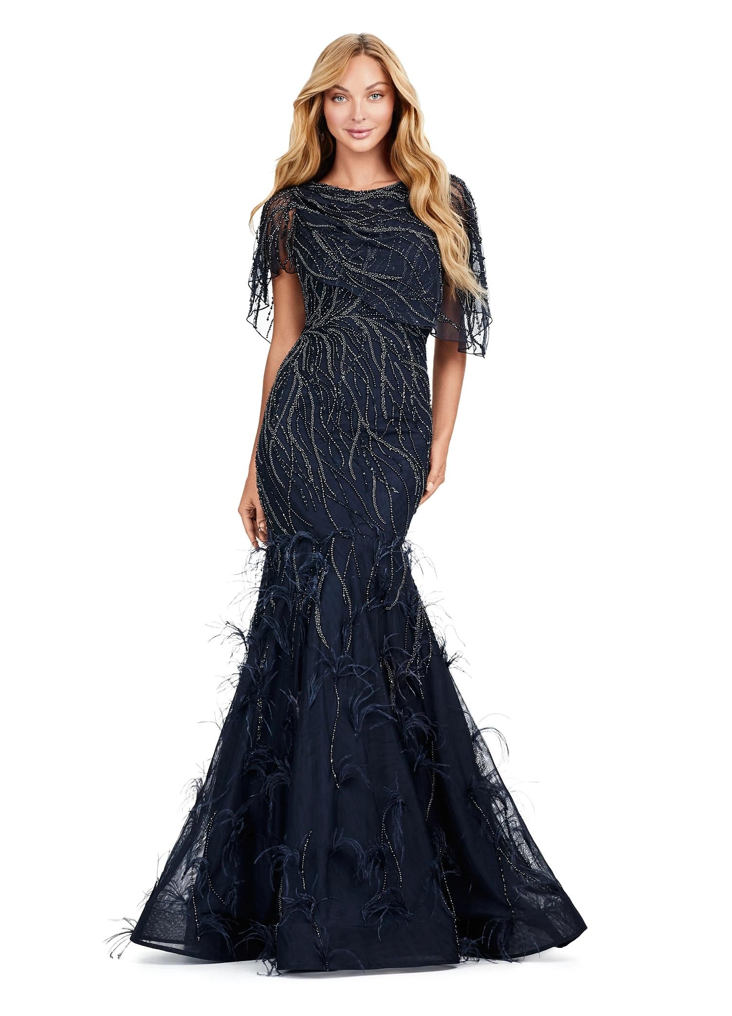 Twilight ASHLEYlauren 11431 Classy Fully Beaded Gown with Crew Neckline, Sheer Asymmetrical Cape Overlay, Feather-Embellished Skirt, and Mermaid Silhouette