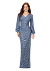 Vintage Blue ASHLEYlauren 11193 Ultra Chic Fully Sequin Gown with Ornate Beading, V-Neckline, Bishop Sleeves, High Zip Back, and Center Back Vent Slit