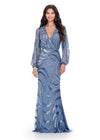 Vintage Blue ASHLEYlauren 11210 Modern Hand Beaded Gown with V-Neckline, Flowing Balloon Sleeves, Intricate Bead Motif, and High Back