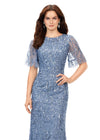 Vintage Blue ASHLEYlauren 11216 Elegant Fully Hand Beaded Gown with Crew Neckline, Flowing Butterfly Sleeves, Intricate Sequin Beading, and Keyhole Back Detail