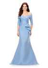 Vintage Blue ASHLEYlauren 11324 Elegant Off Shoulder Fitted Mermaid Gown in Phantom Satin with Statement Ruffle Detail at the Hip