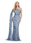 Vintage Blue ASHLEYlauren 11434 Elegant Fully Beaded Gown with One Shoulder Design and Statement Floor Length Sleeve for a Modern Twist on a Classic Look