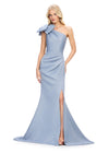 Vintage Blue ASHLEYlauren 11759 elegant satin gown featuring a one shoulder neckline, dramatic oversized bow detail, and a left leg slit for a timeless silhouette.
