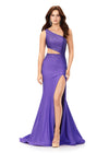 Violet ASHLEYlauren 11337 One Shoulder Fitted Jersey Gown Embellished with Heat Set Stones, Asymmetrical Shark Bite Cut Out, and Left Leg Slit
