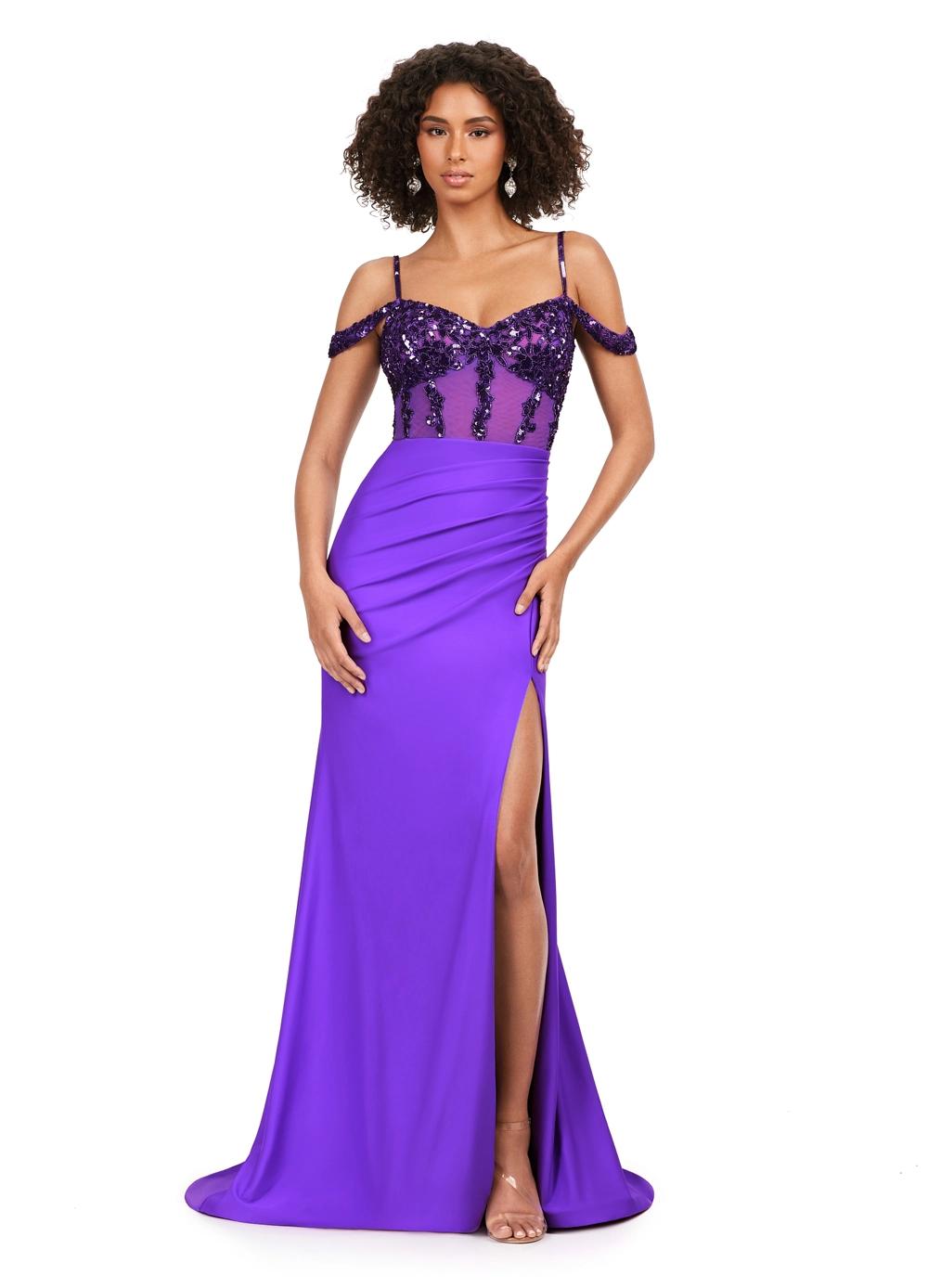 Violet ASHLEYlauren 11391 standout evening gown featuring a sweetheart neckline, off shoulder straps, beaded corset details, and a sleek jersey skirt for an elegant and sophisticated look.