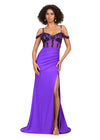 Violet ASHLEYlauren 11391 standout evening gown featuring a sweetheart neckline, off shoulder straps, beaded corset details, and a sleek jersey skirt for an elegant and sophisticated look.