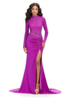 Violet ASHLEYlauren 11742 glamorous evening gown featuring a mesh high neckline, ruched waistline, press-on stone embellishments, left leg slit, and a sweep train for an elegant and sophisticated look.