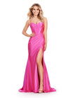 Watermelon ASHLEYlauren 11549 Red Carpet Ready Shimmer Jersey Gown with Spaghetti Straps, Structured Corset Bustier, Ruched Hip Detail, and Left Leg Slit