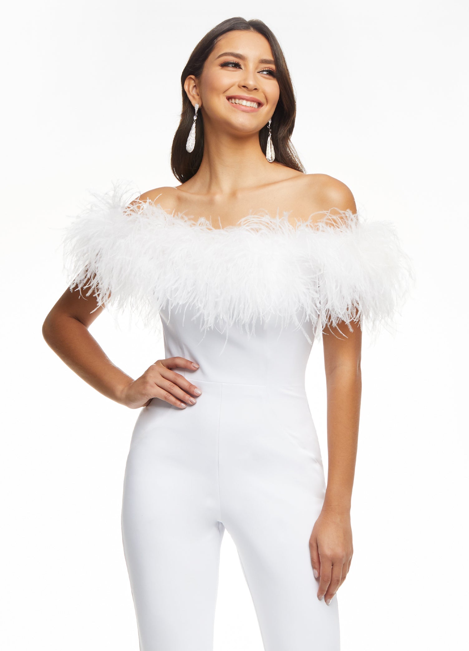 ASHLEYlauren 11100 - Feather Detail Jumpsuit with Flare Pants