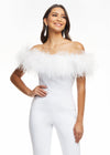 ASHLEYlauren 11100 – A flirty off-shoulder scuba jumpsuit featuring feather details along the neckline and flare pant legs. Perfect for making a stylish statement at your next event.