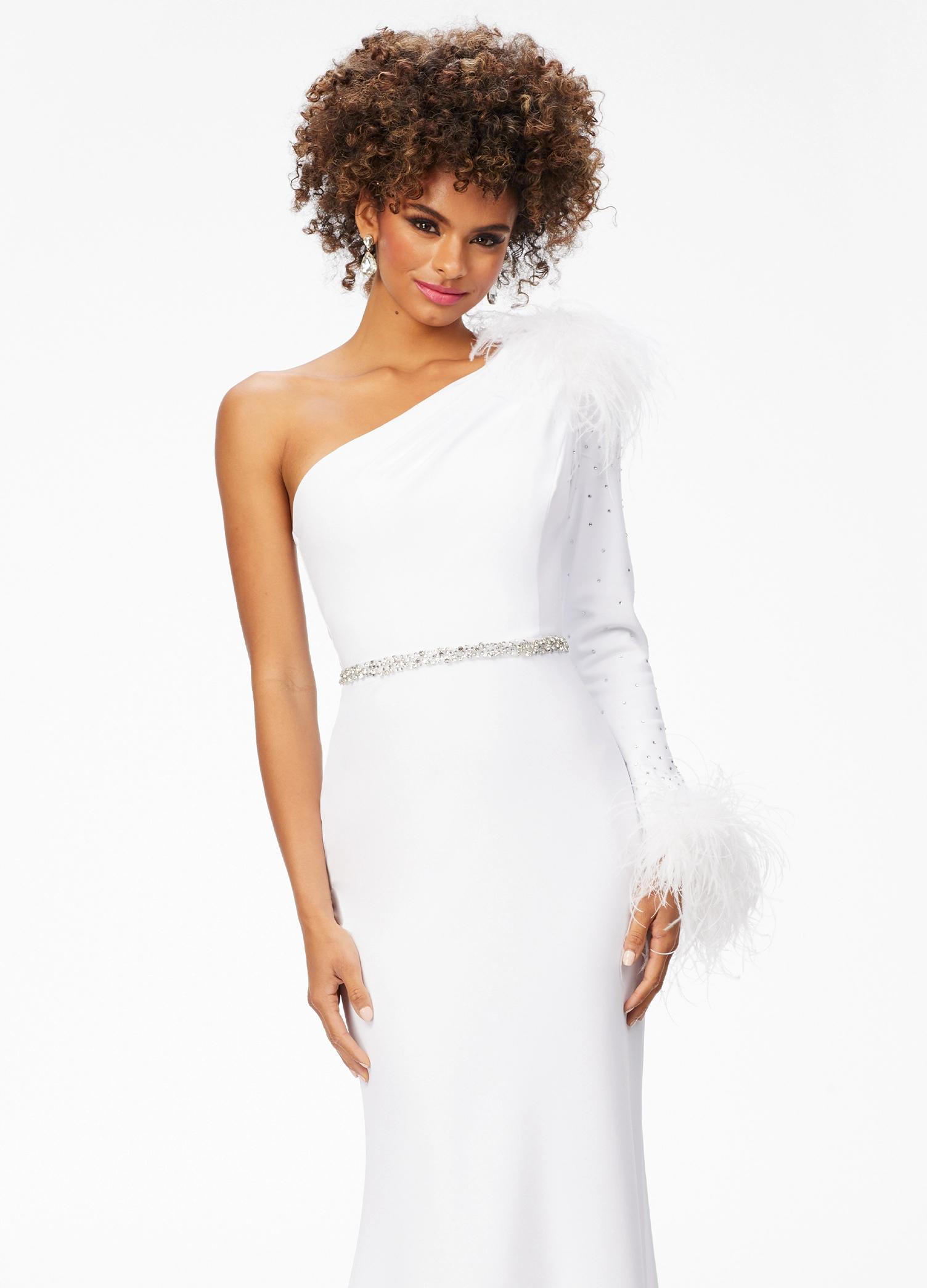 White ASHLEYlauren 11131 One-Shoulder Scuba Gown with Feather Details, Heat-Set Stones, Crystal Belt, and Elegant Train