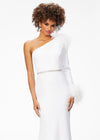 White ASHLEYlauren 11131 One-Shoulder Scuba Gown with Feather Details, Heat-Set Stones, Crystal Belt, and Elegant Train