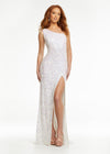White ASHLEYlauren 11144 – A dazzling one-shoulder sequin gown featuring an asymmetrical lace-up back, left leg slit, and fully hand-beaded design. Perfect for making a statement and turning heads at any event.
