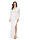 White ASHLEYlauren 11239 – A dramatic gown featuring intricate bead detailing, a lace-up bustier, long sleeves, and a left leg slit. Perfect for making a bold, glamorous statement at any special occasion.
