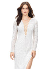 White ASHLEYlauren 11239 – A dramatic gown featuring intricate bead detailing, a lace-up bustier, long sleeves, and a left leg slit. Perfect for making a bold, glamorous statement at any special occasion.