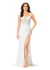 White ASHLEYlauren 11360 floral beaded gown featuring a corset bustier with plunging V-neckline, lace-up back, and a fitted skirt with a high left leg slit.