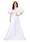 ASHLEYlauren 11379 | White Elegant Shimmer Satin A-Line Gown with V-Neckline, V-Back, oversized Puff Sleeves, and Heat Set Detailed Waistband