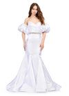White ASHLEYlauren 11419 Strapless Satin Gown with Sweetheart Neckline, Voluminous Puff Sleeves, Mermaid Silhouette, and Sparkling Jeweled Belt