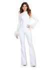 White ASHLEYlauren 11441 statement scuba jumpsuit featuring a high neckline, dramatic feather cuffs, and an open back for a bold and sophisticated look.