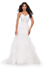White ASHLEYlauren 11475 mermaid gown with exposed corset bodice, lace detailing, and dramatic ruffled tulle trumpet skirt