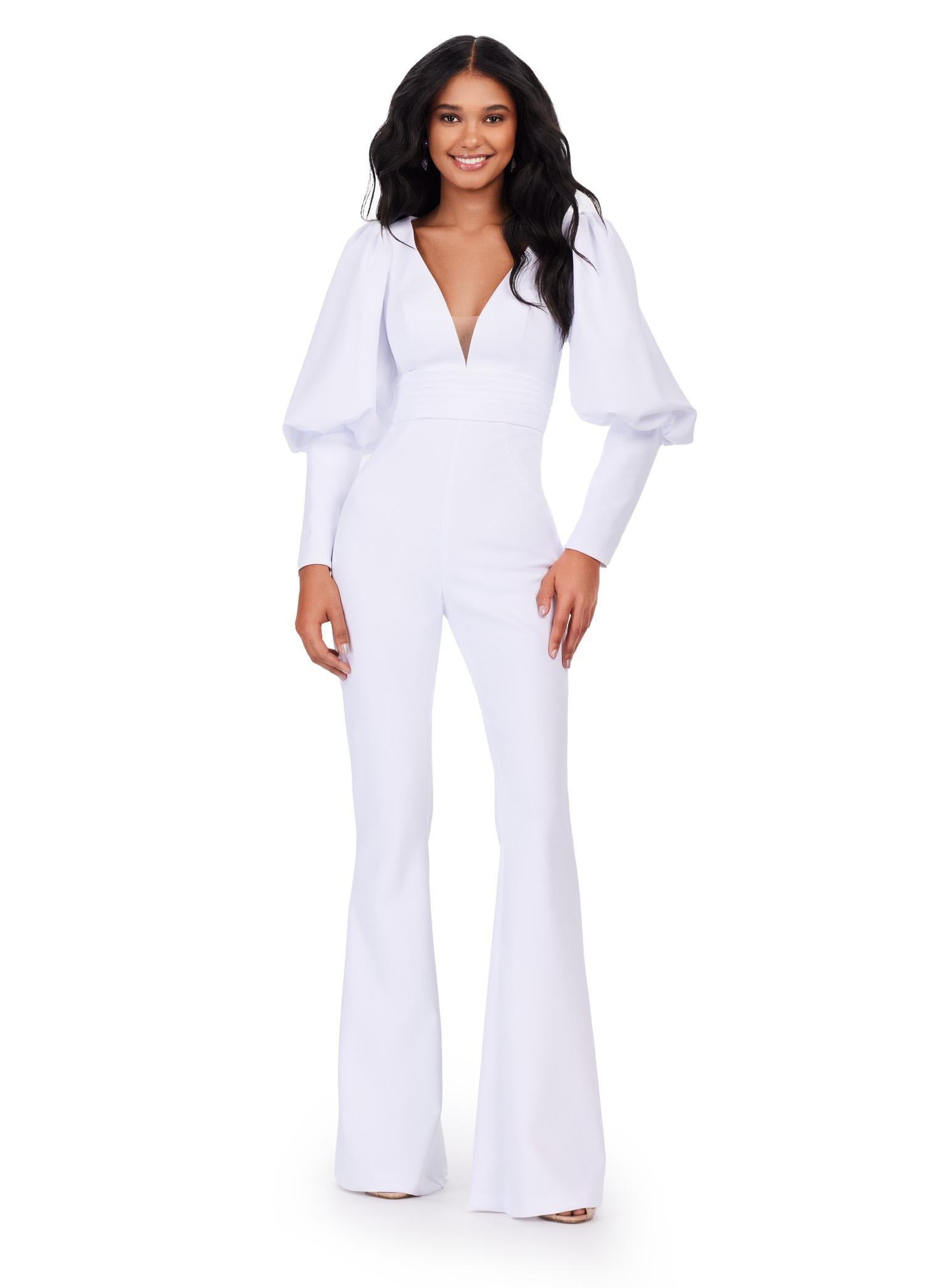 ASHLEYlauren 11533 - Scuba Jumpsuit with V-Neckline and Puff Sleeves