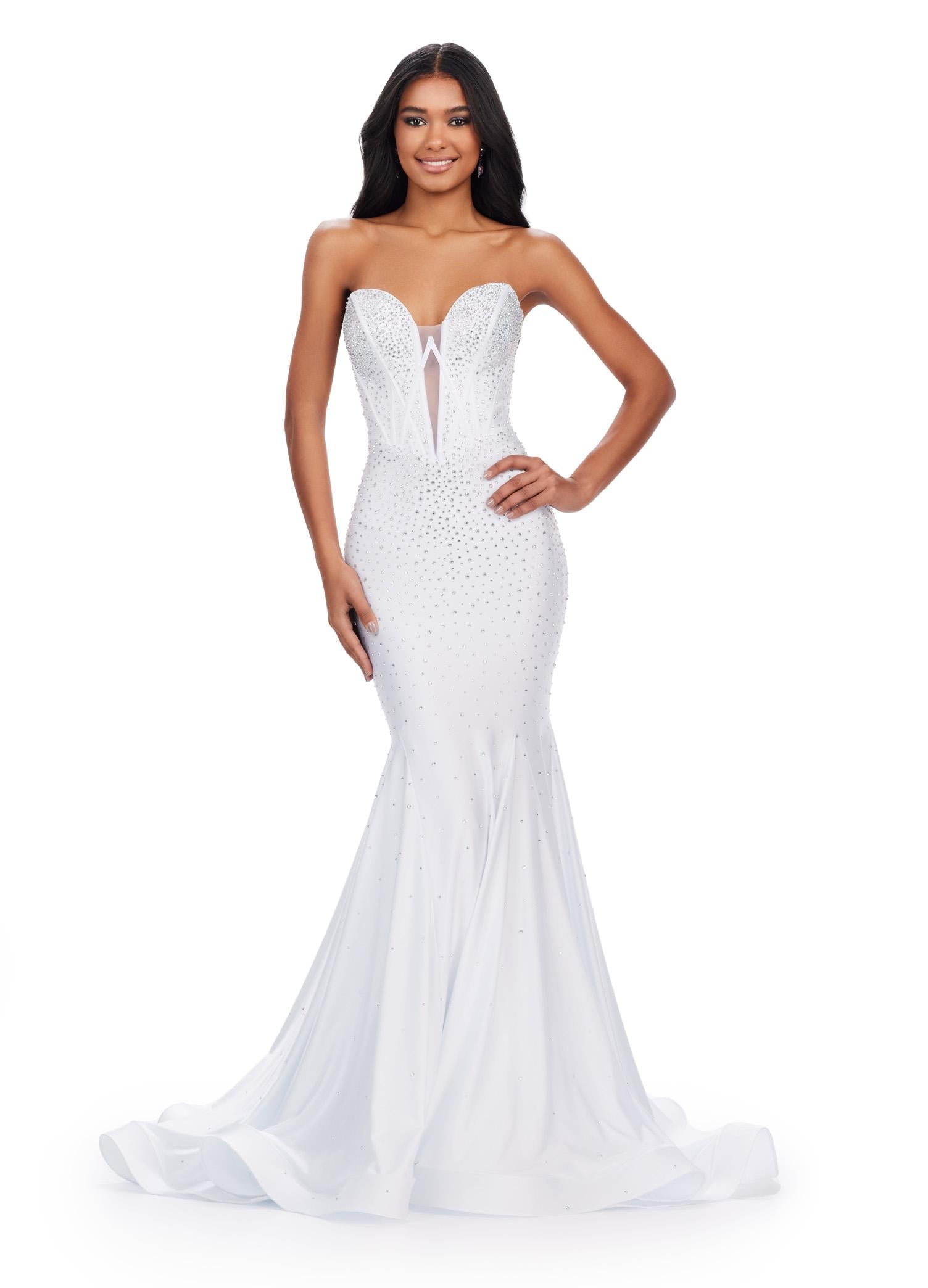 White ASHLEYlauren 11560 Classic Strapless Jersey Gown with Glamorous Beaded Corset Bustier, Sparkling Press On Stone Accents, and Sweep Train
