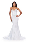 White ASHLEYlauren 11560 Classic Strapless Jersey Gown with Glamorous Beaded Corset Bustier, Sparkling Press On Stone Accents, and Sweep Train
