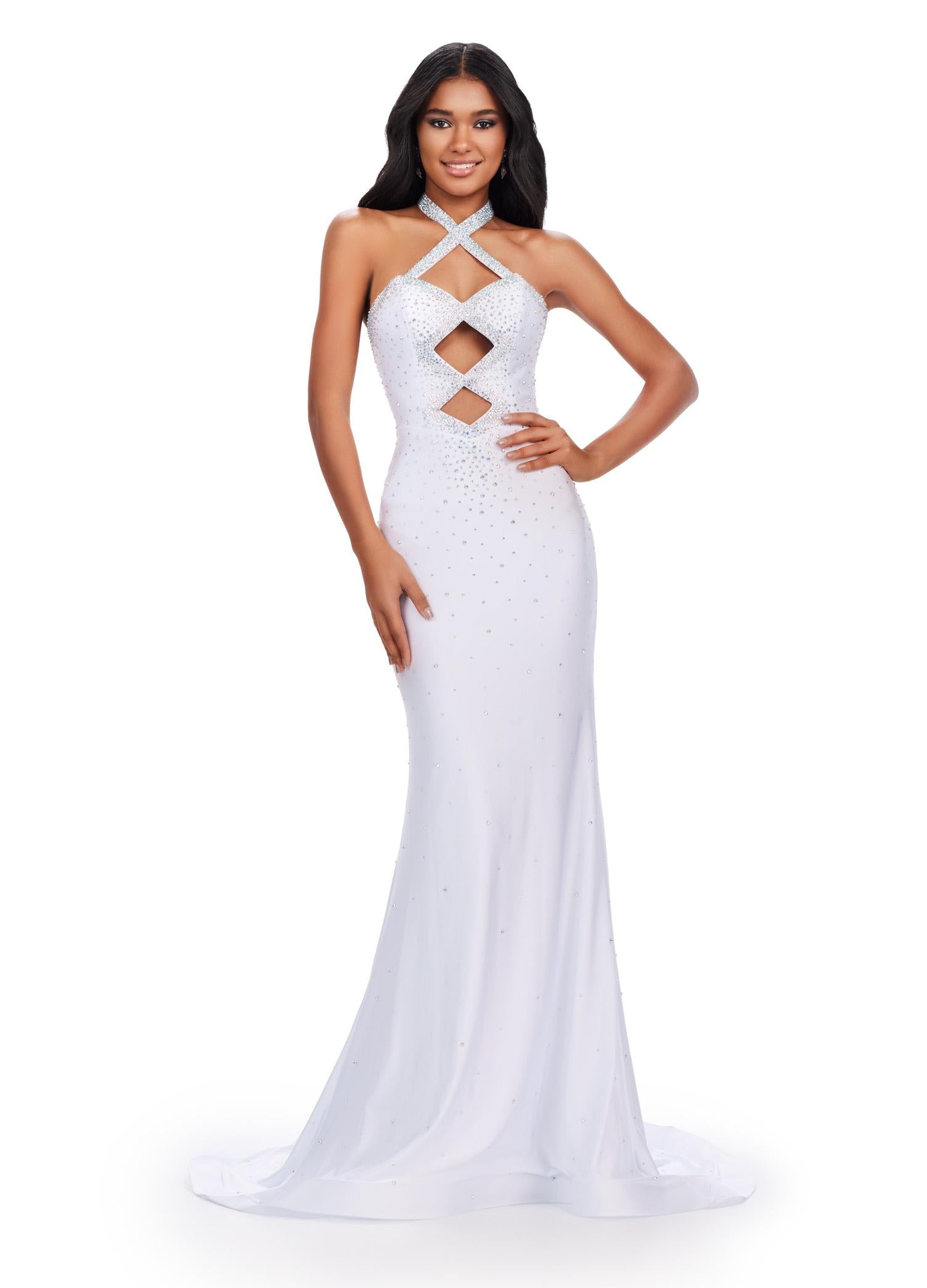 White ASHLEYlauren 11578 Edgy Fitted Jersey Gown with Halter Neckline, Bold Cut Outs, and Glamorous Press On Stone Details
