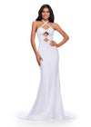 White ASHLEYlauren 11578 Edgy Fitted Jersey Gown with Halter Neckline, Bold Cut Outs, and Glamorous Press On Stone Details