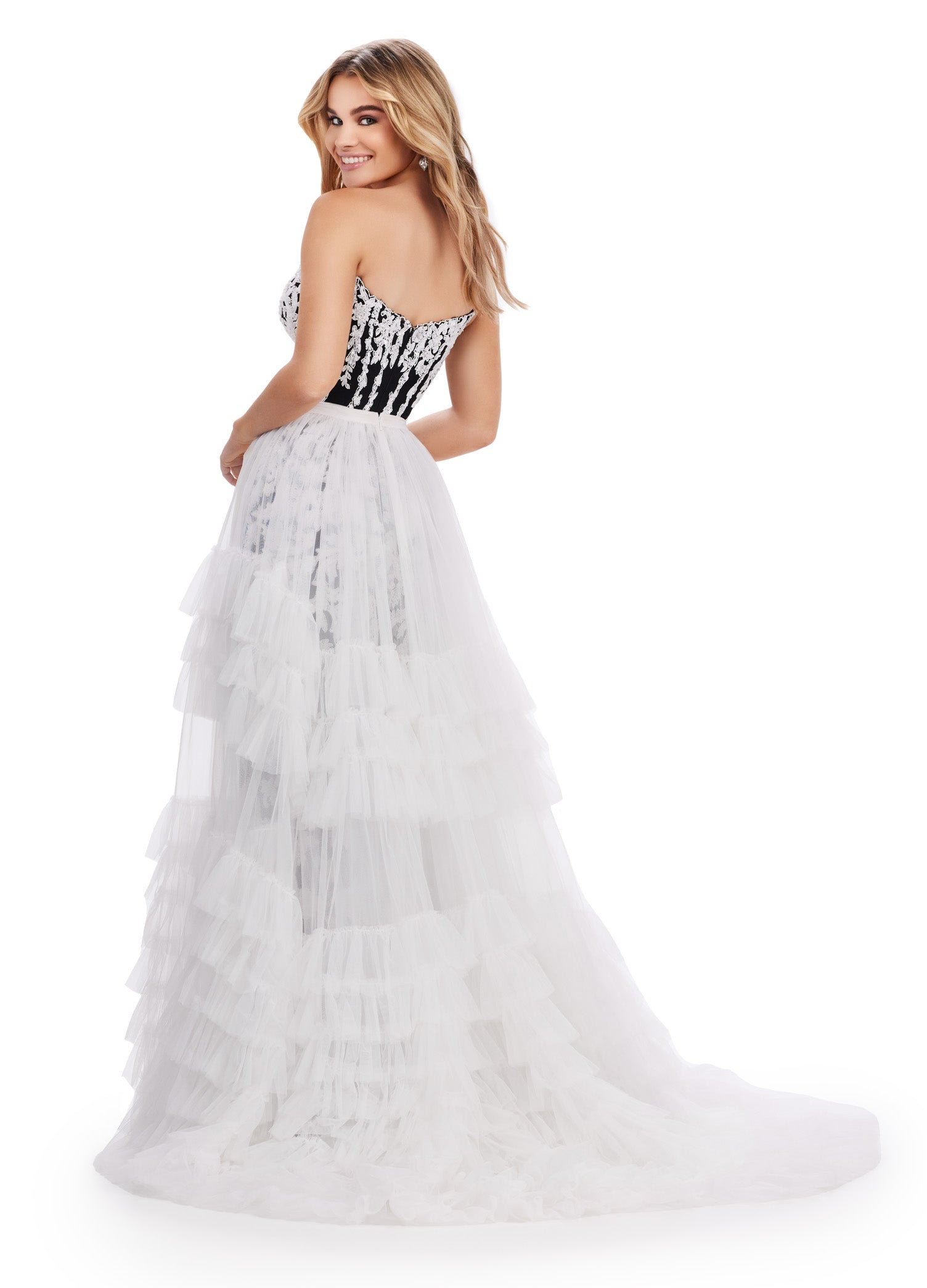 White ASHLEYlauren 11602 Tiered Tulle Overskirt with Voluminous Layers, Perfect for Adding Drama to Any Gown, Jumpsuit, or Cocktail Look