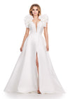 White ASHLEYlauren 11610 A-Line Mikado Gown with Deep V-Neckline, V-Back, Dramatic Ruffle Sleeves, and Skirt Slit