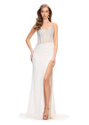 White ASHLEYlauren 11616 Spaghetti Strap Gown with Beaded Corset Bustier, Press On Stone Embellishments, and Left Leg Slit