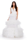 White ASHLEYlauren 11620 Tulle Ball Gown with V-Neckline Bustier, V-Back, and Multi-Tiered Ruffle Skirt
