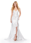 White ASHLEYlauren 11638 Edgy Shimmer Jersey Gown with Spaghetti Straps, Structured Corset Bustier, Statement Bow and Ruffle Accent, and Lace Up Back