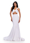 White ASHLEYlauren 11646 Two-Piece Scuba Gown with Ruched One Shoulder Top, Fitted Skirt, and Structured Horsehair Hem