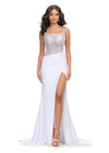 White ASHLEYlauren 11690 Glamorous Strapless Gown with Exposed Corset Boning Encrusted in Press On Stones, Ruched Skirt, and Left Leg Slit