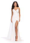 White ASHLEYlauren 11736 glamorous one shoulder gown featuring press-on stone embellishments, a dramatic one shoulder cape, and a left leg slit for an elegant and show-stopping look.
