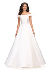 White ASHLEYlauren 11771 elegant Mikado A-line ball gown featuring an off shoulder neckline, unique floral detailing, and a full ball gown skirt for a romantic and sophisticated look.