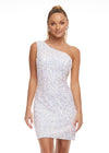 White ASHLEYlauren 4469 cocktail dress featuring an illusion neckline, corset bustier with press-on stones, wrap skirt, and side slit for a head-turning and glamorous look.