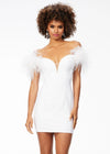 White ASHLEYlauren 4523 off shoulder scuba cocktail dress featuring a sweetheart neckline, feather details, and signature contour seaming for a flattering and elegant silhouette.