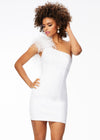White ASHLEYlauren 4527 fitted scuba gown featuring a one shoulder feather detail strap, scattered heat set stones throughout the bodice, and a sleek fitted skirt for a glamorous and elegant look.