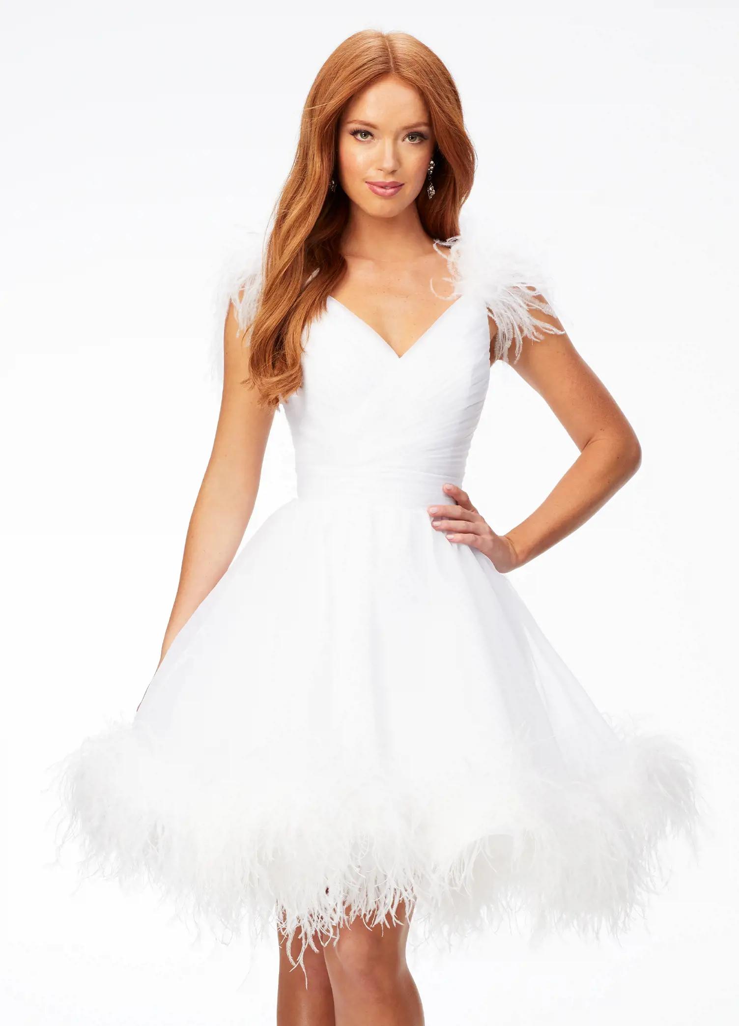 White ASHLEYlauren 4544 organza A-line cocktail dress featuring a ruched V-neckline bustier, feather-detailed straps, a ruched waistline, and an A-line skirt trimmed in feathers for an elegant and whimsical finish.