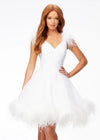 White ASHLEYlauren 4544 organza A-line cocktail dress featuring a ruched V-neckline bustier, feather-detailed straps, a ruched waistline, and an A-line skirt trimmed in feathers for an elegant and whimsical finish.