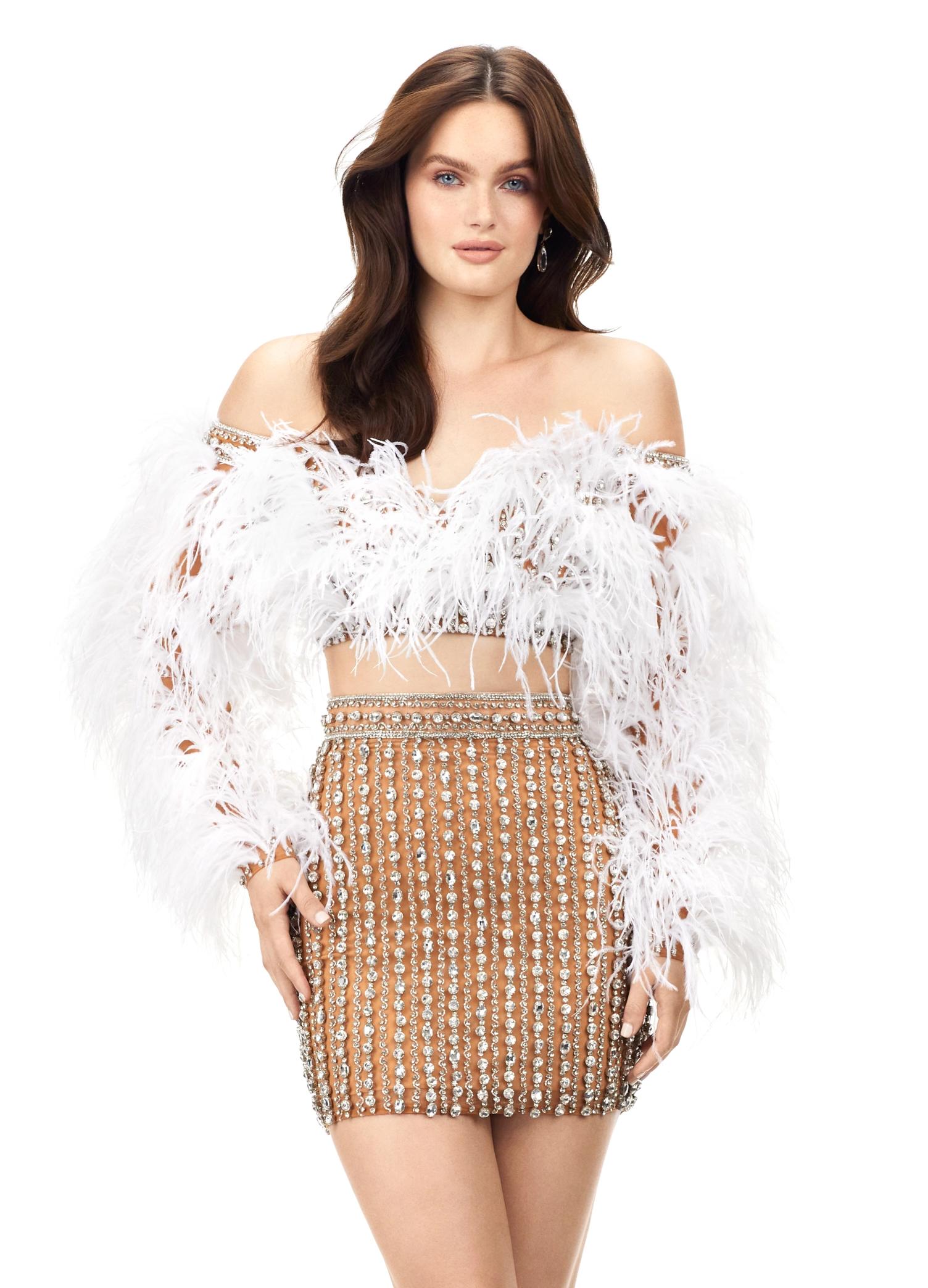 White ASHLEYlauren 4562 – A glamorous off-shoulder two-piece cocktail dress encrusted with crystals, featuring a bustier and mesh sleeves adorned with feathers for a dramatic, chic look. Perfect for a standout event.