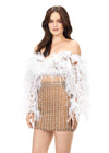 White ASHLEYlauren 4562 – A glamorous off-shoulder two-piece cocktail dress encrusted with crystals, featuring a bustier and mesh sleeves adorned with feathers for a dramatic, chic look. Perfect for a standout event.