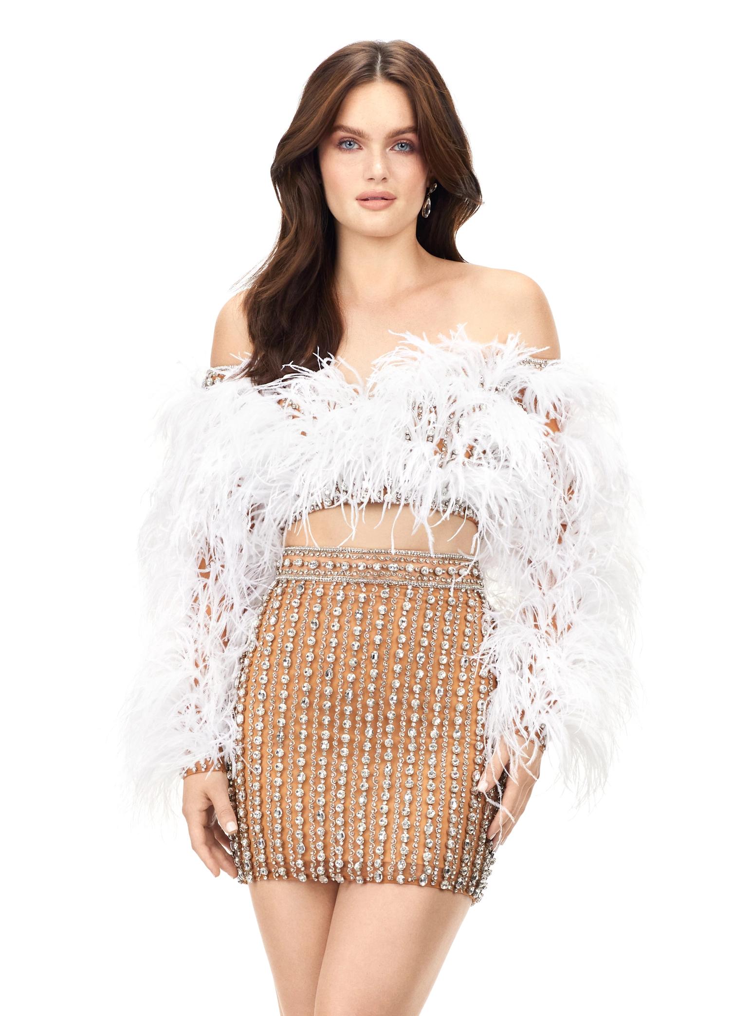 White ASHLEYlauren 4562 – A glamorous off-shoulder two-piece cocktail dress encrusted with crystals, featuring a bustier and mesh sleeves adorned with feathers for a dramatic, chic look. Perfect for a standout event.