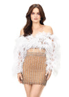 White ASHLEYlauren 4562 – A glamorous off-shoulder two-piece cocktail dress encrusted with crystals, featuring a bustier and mesh sleeves adorned with feathers for a dramatic, chic look. Perfect for a standout event.